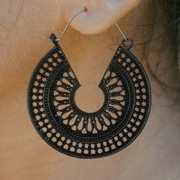 Mandala Silver Filigree CutOut Metal Lace Hoop Earrings Big Hoops Bohemian New - Picture 8 of 10